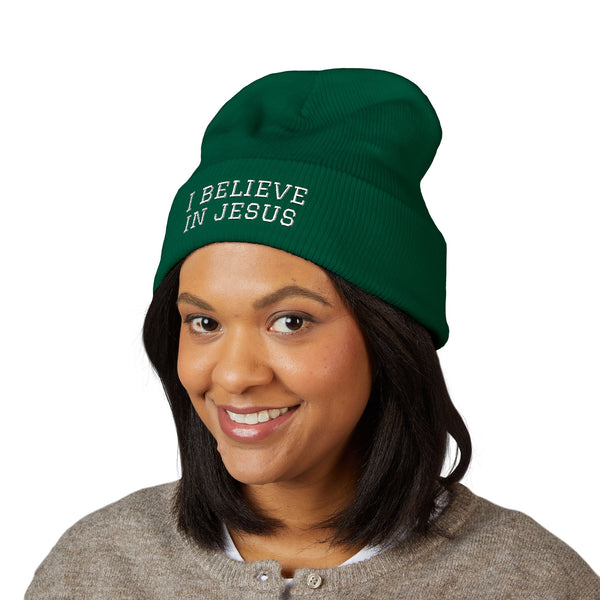 Embroidered "I Believe in Jesus" Cuffed Beanie