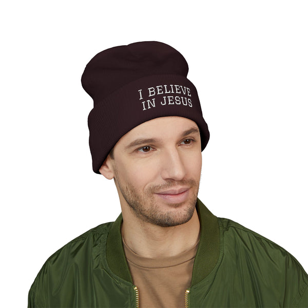 Embroidered "I Believe in Jesus" Cuffed Beanie