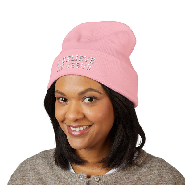Embroidered "I Believe in Jesus" Cuffed Beanie