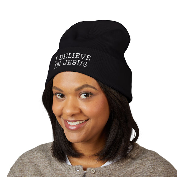 Embroidered "I Believe in Jesus" Cuffed Beanie
