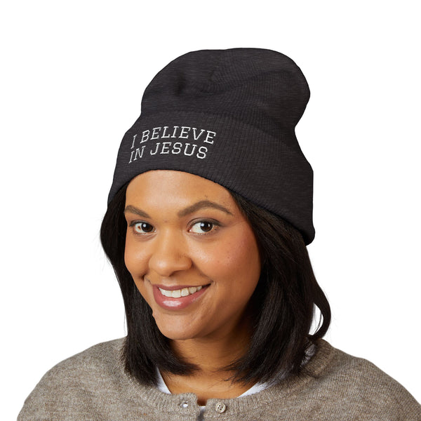 Embroidered "I Believe in Jesus" Cuffed Beanie