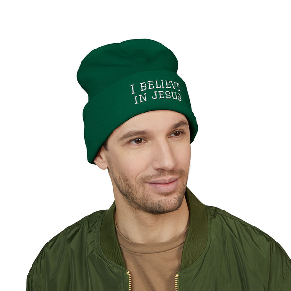 Embroidered "I Believe in Jesus" Cuffed Beanie