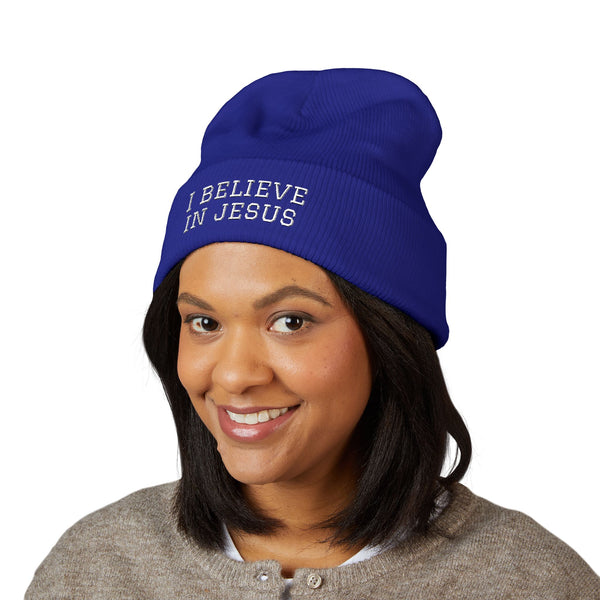 Embroidered "I Believe in Jesus" Cuffed Beanie