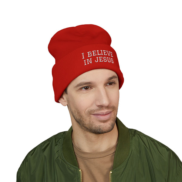 Embroidered "I Believe in Jesus" Cuffed Beanie