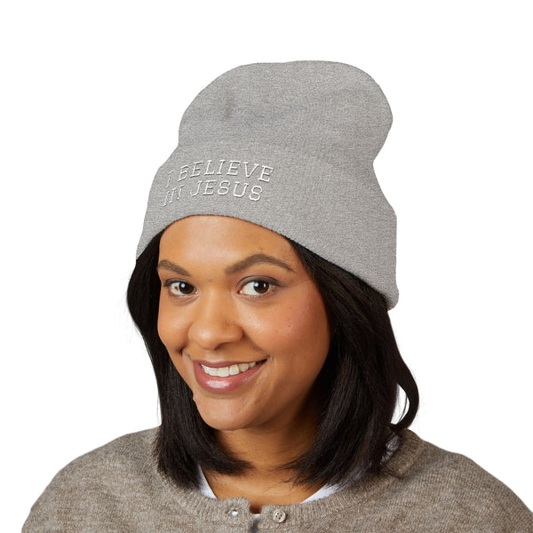 Embroidered "I Believe in Jesus" Cuffed Beanie