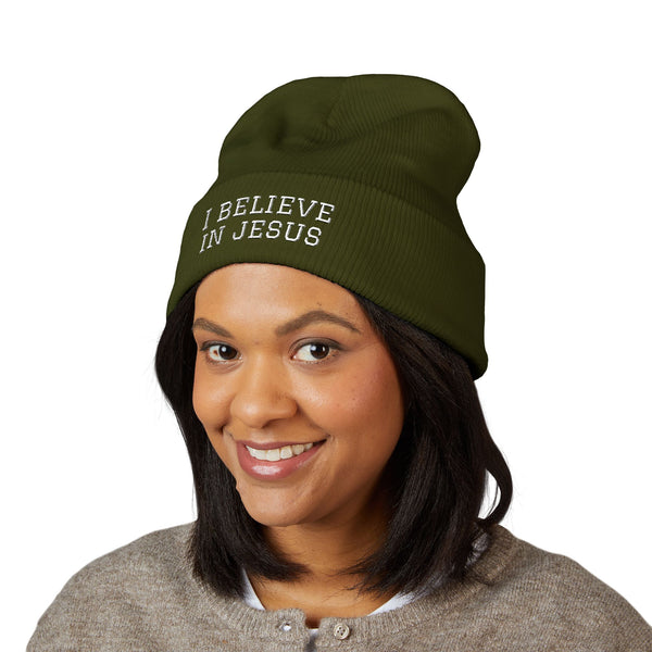 Embroidered "I Believe in Jesus" Cuffed Beanie