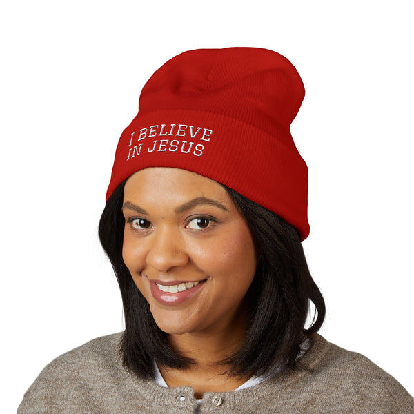 Embroidered "I Believe in Jesus" Cuffed Beanie